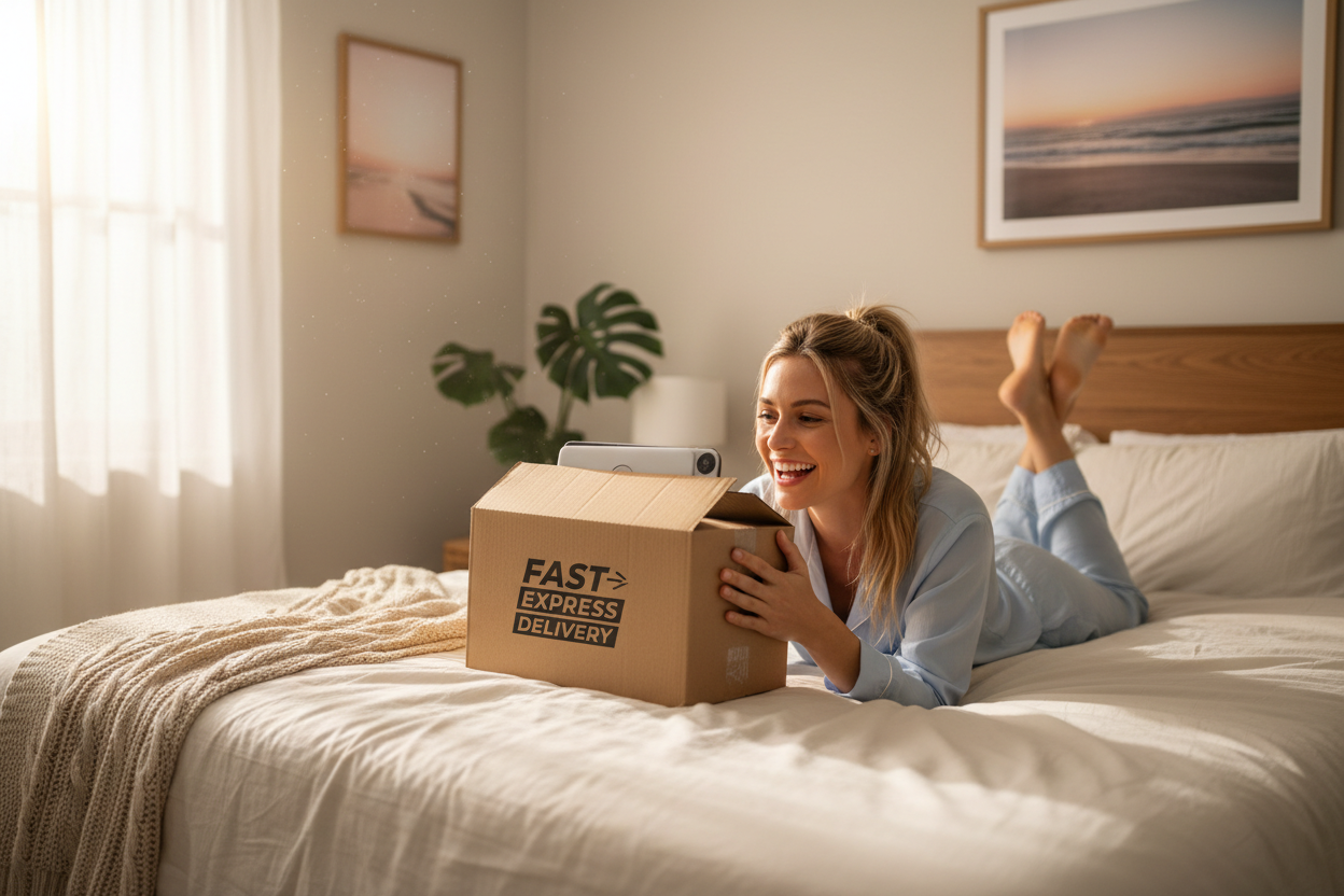 wow Australia Woman lying down in her room bed and smiling about her order receives i bought 100 from this its so amazing to Received so fast